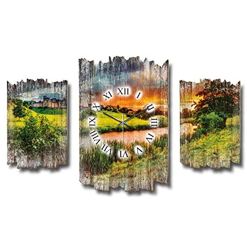 Kreative Feder Dreiteilige Designer-Wanduhr – Abends am Fluss - Stilvolle Wanduhr im Shabby-Chic Landhaus-Stil, leises Uhrwerk ohne Ticken. Ideal für ruhige Räume. Hochwertige Materialien und einfache Montage. Perfekt als dekoratives Highlight oder Geschenk.