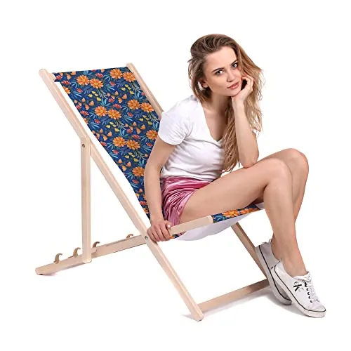 DreamRoots Liegestuhl Klappbar Holz aus Buchenholz, bis 130 kg belastbar, 3-Fach verstellbare Rückenlehne, waschbarer Polyesterbezug