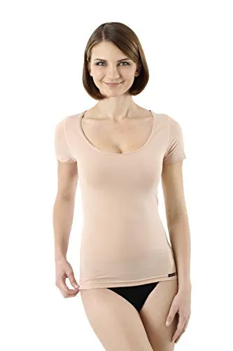 ALBERT KREUZ unsichtbares Damen Business Unterhemd Kurzarm U-Neck Hautfarbe XXL - Unsichtbares Business-Unterhemd aus leichter Stretch-Baumwolle, ideal für den täglichen Einsatz. Der tiefe Rundausschnitt und der lange Schnitt sorgen für perfekten Sitz und Hygiene unter der Bluse.