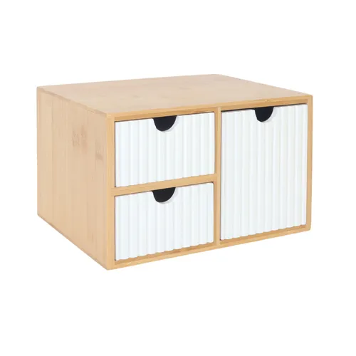 Relaxdays Organizer Schubladenbox Bambus geriffelt, weiß - Bambus-Schubladenbox mit 3 geriffelten Schubladen, ideal für die Ordnung von Bürobedarf, Make-up oder Bastelzubehör. Modernes Design passt in jeden Raum.