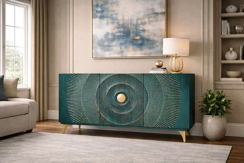 riess-ambiente Sideboard GOLDEN SUNSET 140cm türkis/gold - Massivholz, 3D-Front, Soft-Close (Einzelartikel, 1 St), handgefertigt mit viel Stauraum – ideal für Wohnzimmer & Esszimmer