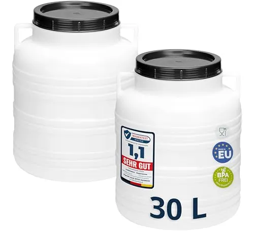 Garronda Set 2x 30 Liter Weithalsfass BPA-frei - Fässer für vielseitige Anwendungen, BPA-frei und ideal zur Aufbewahrung von Lebensmitteln, Futter oder Regenwasser. Mit weitem Hals für einfaches Befüllen und Reinigen.