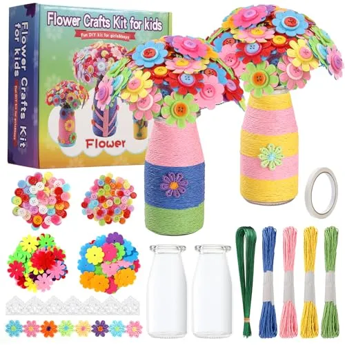 Wisplye Blumen Bastelset für Kinder, Machen Sie Ihre Eigenen Blumenstrauß mit Knöpfen und Filzblumen, DIY Spielzeug Zum Basteln Kit Geschenke für Mädchen, Jungen, 4 5 6 7 8 9 10 Jahre