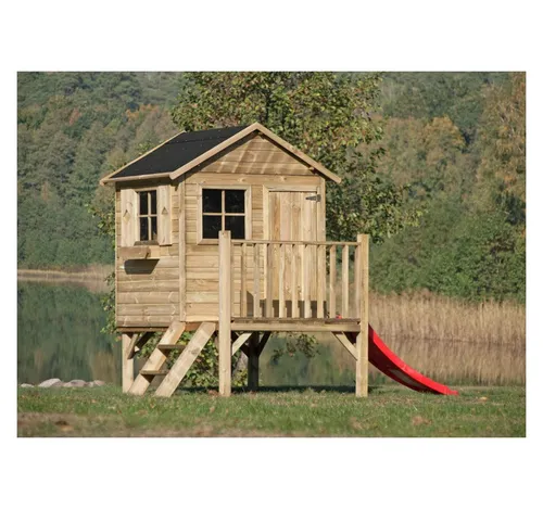 bv-vertrieb Spielturm Kinderspielhaus mit Rutsche und Leiter - Robustes Spielhaus aus Kiefernholz für den Garten, ideal für Kinder ab 4 Jahren. Mit Rutsche und Leiter für abwechslungsreichen Spielspaß unter Aufsicht von Erwachsenen.