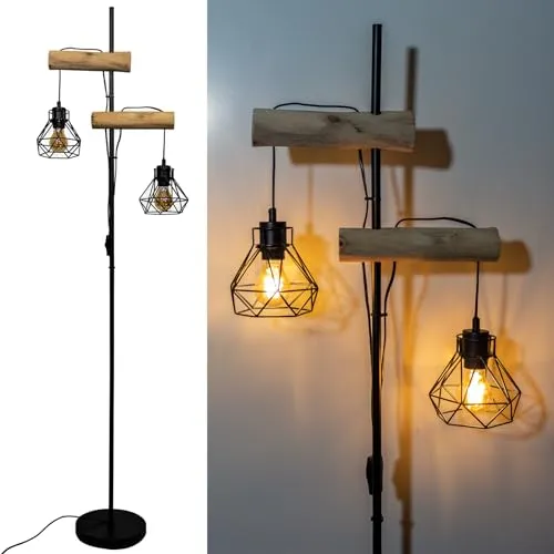 Osasy Stehlampe Holz & Metall: Elegante Stehleuchte mit Diamant-Lampenschirmen