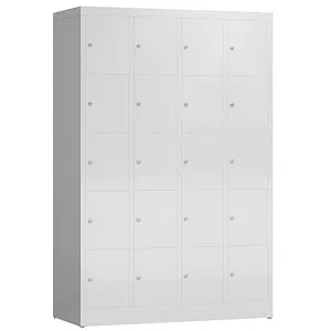 Steelboxx Fächerschrank mit 20 Fächern - Vielseitiger Schließfachschrank für Umkleiden und Sozialräume, komplett verschweißt und sofort einsatzbereit. Langlebige Stahlkonstruktion mit geräuschdämpfenden Türanschlägen und sicherem Zylinderschloss.