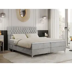 MILEN Boxspringbett 140x200 mit 2 Bettkästen und Topper - Hellgrau - Stylisches Boxspringbett mit 2 Bettkästen für zusätzlichen Stauraum. Die 7-Zonen-Taschenfederkernmatratzen bieten optimalen Schlafkomfort. Der pflegeleichte Samtstoff ist wasserabweisend und langlebig.