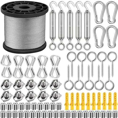 95Pcs Drahtseil, 50M Edelstahl Stahlseil mit Ösen Haken PVC-ummantelt Edelstahlseil Stahlkabel 2 mm, 304 Edelstahl Seil Garten Drahtseile (50M/165FT-1)