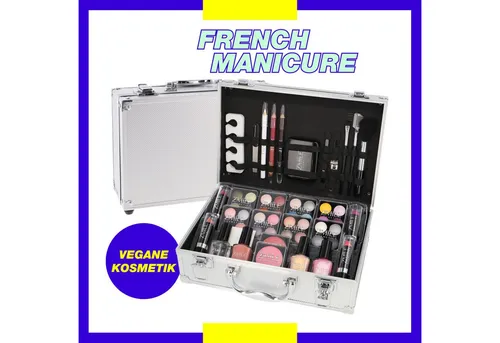 Schminkkoffer Set Alu Profi-Qualität mit French Manicure 58-teilig - Damen Geschenksets mit umfangreicher Kosmetik-Ausstattung, ideal für Reisen und jederzeit einsatzbereit. VEGAN und in Originalgrößen für ein perfektes Make-Up.