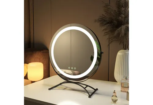 Emke Runder Kosmetikspiegel mit Beleuchtung – 3 Farbtemperaturen, dimmbar, 40cm - Der Emke Kosmetikspiegel bietet 3 Lichtmodi und stufenloses Dimmen für optimale Beleuchtung. Mit 360° Drehung und stabiler Basis ist er ideal für präzises Make-up. Perfekt für jeden Schminktisch!
