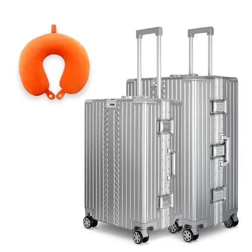 WINLIFE Trolley Hartschalen-Koffer Alu-Rahmen Silber M, L, XL mit Nackenkissen - Koffer Set in Silber – Robust & geräumig für lange Reisen. Inklusive ergonomischem Memory-Schaum-Nackenkissen für zusätzlichen Komfort unterwegs.