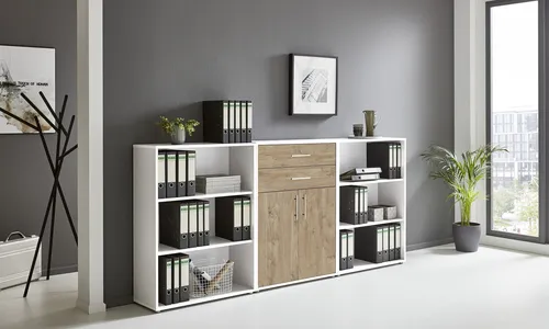 BMG Möbel Regalwand Office Edition Set 14, Weiß/Gold Harbor Oak - Moderne Regalwand aus deutscher Produktion, mit elegantem Design in Weiß und Gold Harbor Oak. Ideal für den stilvollen Bürobereich, Montage erforderlich.