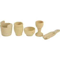 Krippenzubehör Miniaturset 5-teilig aus Holz, 1-5 cm, Ø 2 cm - Beige