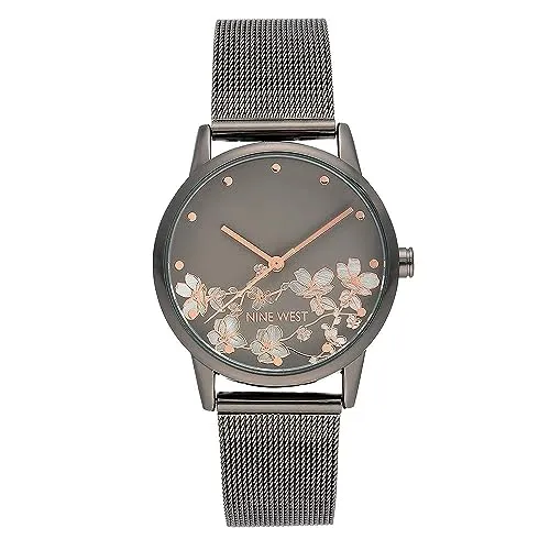 NINE WEST Women's Mesh Bracelet Watch Silver - Elegante Damenarmbanduhr mit floralem Zifferblatt und verstellbarem Mesh-Armband, perfekt für stilbewusste Frauen.