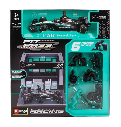 BURAGO 1/43 MODELLAUTO MERCEDES F1 W14 DIORAMA GARAGE PIT STOP HAMILTON STATIC
