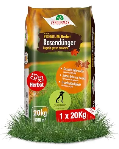 VERDURMAX® Premium Herbst Rasendünger 20 kg - Dünger für die kalte Jahreszeit, sorgt für einen gesunden, frostresistenten Rasen mit schneller Wirkung und 100-Tage-Langzeitpflege – vegan und Made in Germany.