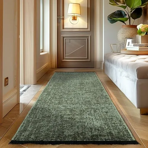 Carpettex, Chenille Teppich Baumwolle Läufer Grün 80x150 cm Waschbar, Boho-Stil, Kurzflor, Vintage Kelim, Weich & rutschfest, Einfarbig, Für Küche, Flur & Schlafzimmer