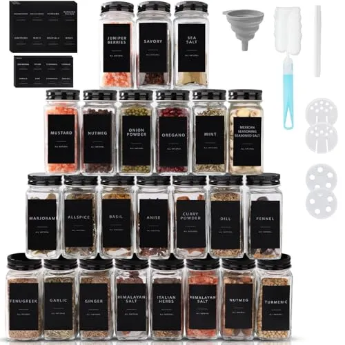 FoiiLiio Gewürzgläser Eckig Set, 24er 120ml Gewürzbehälter Glas, Gewürzstreuer Spice Jars & Gewürzgläser
