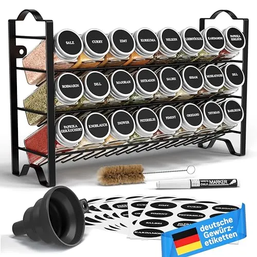 Deco haus® Gewürzregal Stehend & Wand - Gewürz Organizer mit 24 Gläsern - Gewürzregal für die Küche mit 24 Gläsern und Etiketten. Praktisches Set für eine ordentliche Gewürzaufbewahrung, komplett montiert und inklusive nützlichem Zubehör.