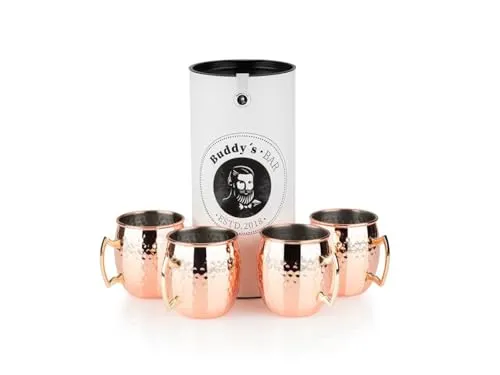 Buddy´s Bar Moscow Mule Becher 4er Set - Cocktailgläser aus hochwertigem Edelstahl mit Hammerschlag-Effekt, lebensmittelecht und ideal für die Zubereitung von Cocktails, inklusive Geschenkbox für besondere Anlässe.