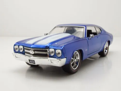 Chevrolet Chevelle 1970 Modellauto 1:24 Jada Toys - Detailgetreues Standmodell in Blau und Weiß, mit funktionierenden Hauben und Türen. Ideal für Sammler und als Geschenk. Maßstab 1:24, Länge: ca. 20 cm, aus hochwertigem Die-Cast-Material.