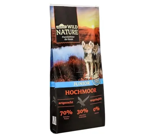 Dehner Wild Nature Hundetrockenfutter Junior Hochmoor - Premium Hundefutter für heranwachsende Hunde mit hohem Fleischanteil, artgerechter Ernährung und 100% natürlichen Inhaltsstoffen. Getreidefrei, glutenfrei und ohne Zucker - für eine gesunde Entwicklung.
