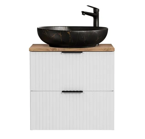 Lomadox Waschtisch ADELAIDE-56-WHITE, 60cm, elegant in Weiß und Eiche - Moderner Waschtisch 60 cm in mattem Weiß mit edler Eiche Nb. und stilvollem Keramikbecken. Die Rillenfront und Softclose-Systeme sorgen für Komfort und Eleganz in deinem Badezimmer.