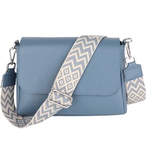 MIRROSI Umhängetasche Damen, Crossbody Bag, Echtleder Made in Italy (1 Tasche 2 Gurte oder Basic Version 1 Tasche 1 Gurt), 27x20x7cm (BXHXT) Mittelgroß (Upgrade Version (mit 2 Gurte): Jeansblau Boho)