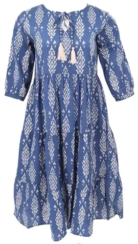 GURU SHOP Boho Sommerkleid - Bedrucktes Midikleid in Indigo, Damen, Größe L - Luftiges Midikleid aus hochwertiger Baumwolle, das die Figur umspielt. Der handbedruckte Stoff sorgt für eine einzigartige Optik und ist perfekt für warme Sommertage.
