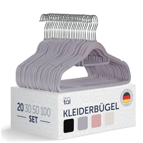 Blumtal Samt-Kleiderbügel, 360° drehbar, rutschfest, 20 Stück, Grau - Klassische Kleiderbügel, platzsparend und mit rutschfestem Samtbezug für sicheren Halt. Ideal für Mäntel, Anzüge und Hemden, extrem belastbar und verleiht Deiner Garderobe einen edlen Look.