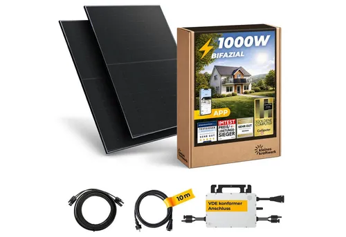 Kleines Kraftwerk 1000W Balkonkraftwerk XL - Erlebe die Zukunft der Energie mit unserem kompakten Balkonkraftwerk! Inklusive 2 x 500W bifazialen Solarmodulen und 800W Wechselrichter für maximale Effizienz und einfache Installation. Ideal für nachhaltige Energiegewinnung auf deinem Balkon.