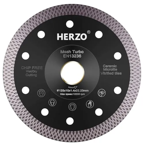 HERZO Diamanttrennscheiben 125mm x 22,23 mm, Fliesenscheibe, Trocken/Nass Diamantscheibe 125mm für Fliesen, Feinsteinzeug, Porzellan und Keramik