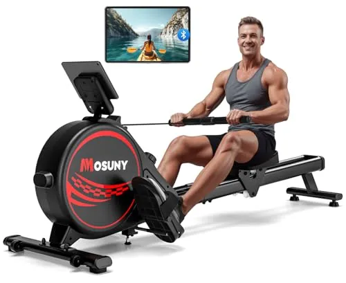 MOSUNY Rudergerät für Zuhause, Magnetisches Rudergerät mit 16 Widerstandsstufen, Upgrade Doppel-Slide-Rails Ultraleise, App-Kompatibel LCD-Datenanzeige, Belastbar bis 160kg, Die Wahl für Fitness