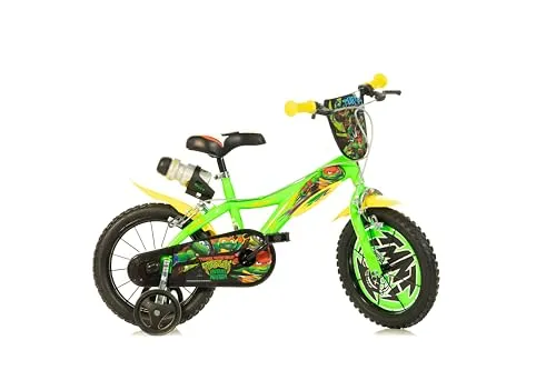 Dino Bikes Teenage Mutant Ninja Turtles Kinderfahrrad 14 Zoll - Unisex Kinderfahrrad mit Lizenzdesign von Mutant Mayhem, ideal für Kinder von 4 bis 7 Jahren. Ausgestattet mit verstellbarem Sattel, Bremsen und abnehmbaren Stabilisatoren für sicheres Fahren und viel Spaß.
