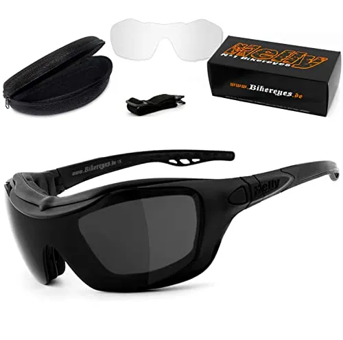HELLY® - No.1 Bikereyes® Motorradbrille - Sportbrillen mit HLT Sicherheitsgläsern, beschlagfrei und winddicht, ideal für Biker bei allen Wetterbedingungen. Wechselbare Gläser für Tag und Nacht sorgen für ungetrübten Fahrspaß.