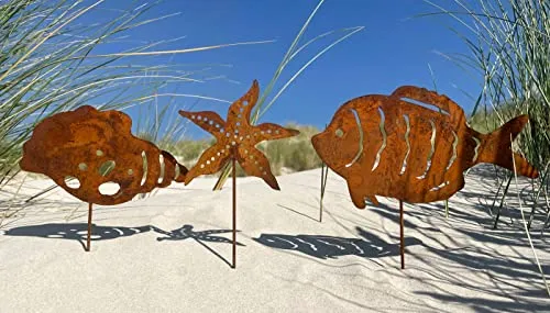 LB H&F 3er Set Gartenstecker Maritim Deko Gartendeko Roststecker Fisch/Seestern/Muschel Rost Metall wetterfest (3er Set 2)