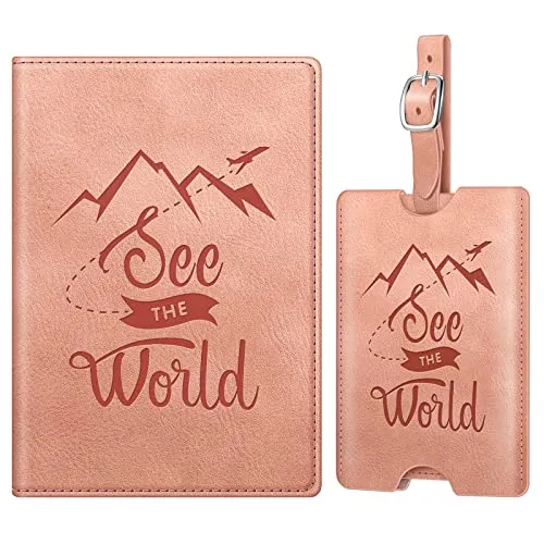 Fintie Reisepasshülle und Gepäckanhänger Set, Reisepass Impfpass Hülle mit RFID Blockier, Kofferanhänger mit Adressschild Namenschild für Reisetasche Koffer, Vintage Rosa