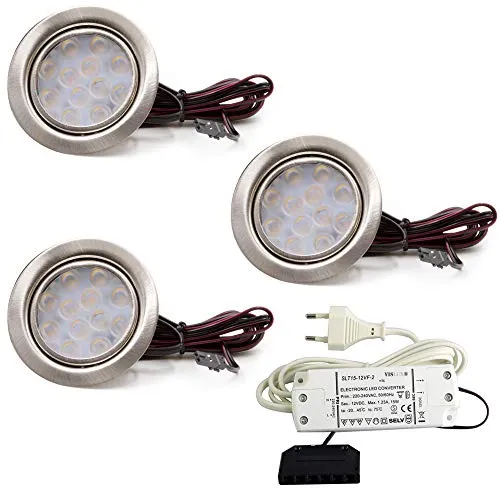 vislux 3er Set LED Möbelleuchte Einbaustrahler Edelstahl Gebürstet - Einbaugehäuse- & Verkleidungssets mit super flachem Design (15mm Einbautiefe) und gleichmäßiger Ausleuchtung (200lm, 3200K). Ideal für Küche, Bad und Wohnzimmer!