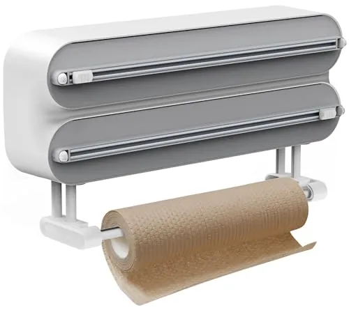 BLUESEABUY 3 in 1 Frischhaltefolienspender mit Küchenrollenhalter, Folienspender mit Cutter, Küchenrollenhalter Ohne Bohren, Wandrollenhalter Küche