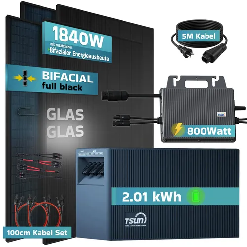 SUNNIVA® 1840W Balkonkraftwerk mit 1,92 kWh Speicher TSUN TSOL-DCU2000Lite, 4x 460W BIFAZIAL FULLBLACK komplett Steckdose, Solaranlage + Solarspeicher