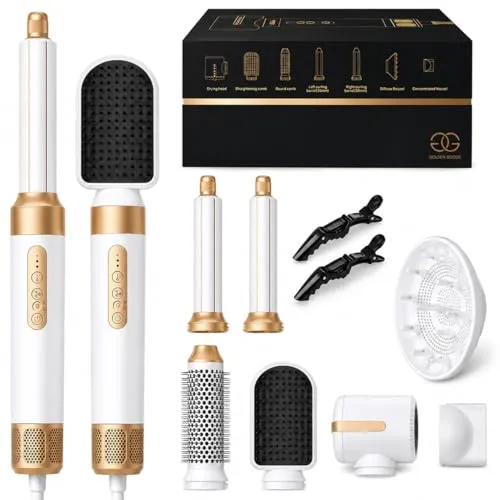 Airstyler 7-in-1 Lockenstab, Golden Goods Hairstyler Set mit Warmluftbürste, Glättbürste, Haartrockner, Geben Sie dem Haar Volumen, Glätten, Locken und Föhnen, Rundbürstenföhn, 1400W