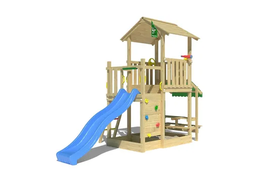 Jungle Gym Spielturm Keep mit Mini Market und Wasser-Rutsche - Multifunktionaler Spielturm für Kinder von 3-10 Jahren. Fördert Kreativität und Motorik in sicherer Gartenumgebung. Mit Rutsche, Kletterwand und integriertem Sandkasten für stundenlangen Spielspaß.