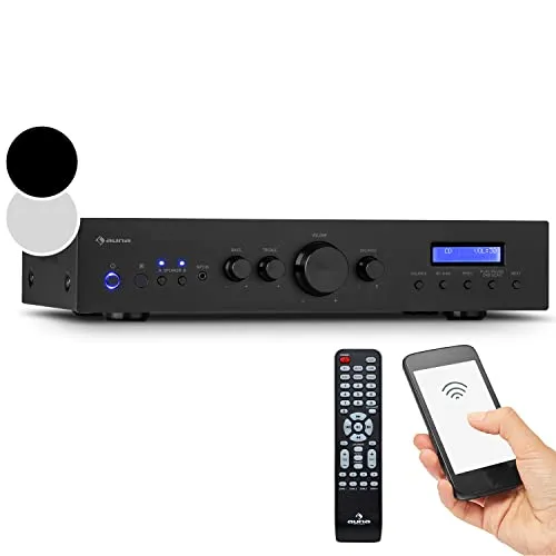 Auna HiFi Stereo Mini Verstärker mit Fernbedienung - Hifi-Verstärker mit 4x100 W RMS Stereo-Leistung und Bass- & Treble-Regler, ideal für DJs und Heimgebrauch, im eleganten Retro-Design.