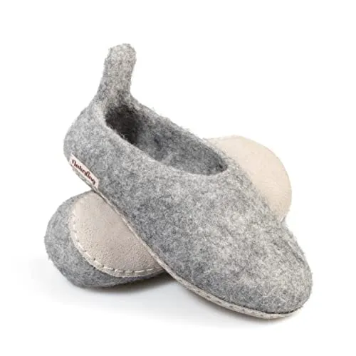 naturling Kinder Filz Hausschuhe für Mädchen mit Anziehlasche und bequemer Ledersohle (Grau, numeric_33)