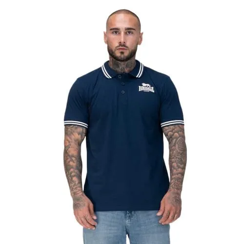 Lonsdale Rhodes Kurzarm-Poloshirt Blau XL - Stylisches Herren-Poloshirt aus 100% gekämmter Baumwolle mit kontrastierendem 3D-Gummi-Logo und gestreiften Bündchen – ideal für Alltag und Freizeit!