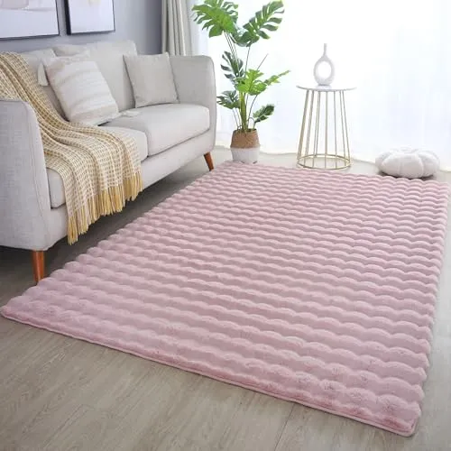 Carpettex Hochflor Teppich Wohnzimmer Modern 3D Optik Einfarbig Design Plüsch Teppich Rosa 140 x 200 cm - Shaggy Teppich Schlafzimmer Hoch-Tief Struktur Flauschiger Teppich Weich Küchenteppich
