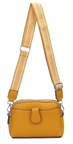 Damen Tasche Crossbody Umhängetasche Bodybag Schultertasche Metallic Handytasche Crossover Kunstleder Handtasche Reise Gelb V1