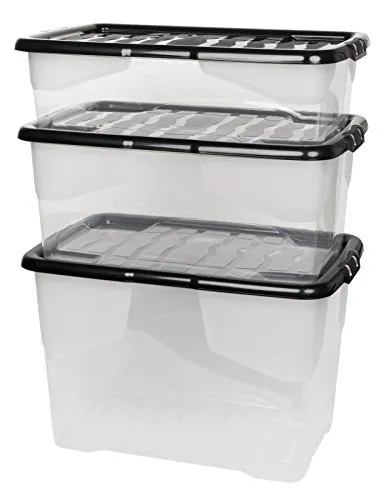 Stück Aufbewahrungsbox Curve mit Deckel aus transparentem Kunststoff. Nutzvolumen 65, 42 und 30 Liter. Stapelbar und nestbar. Einsehbar mit Deckel. 3