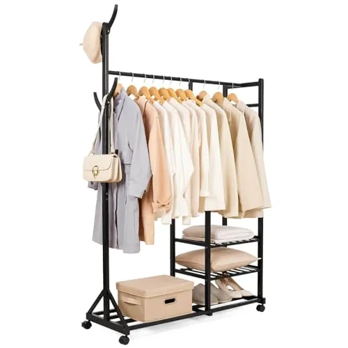 Yorbay Kleiderständer aus Bambus mit Rollen - Kleiderständer aus Bambus mit 3 Ablagen, 6 Kleiderhaken und Rollen für flexible Nutzung im Flur oder Schlafzimmer. Optimaler Stauraum und stilvolles Design!