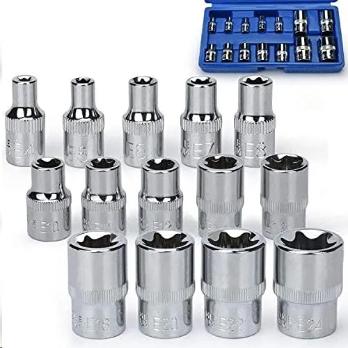 Noosverl 14-teiliges Torx-Steckschlüssel-Set, Muttern-Werkzeug, Steckschlüssel-Werkzeug, 1/4 Zoll, 1/2 Zoll, 3/8 Zoll, weiblich, E-Typ Ausdreher (E4-E24)